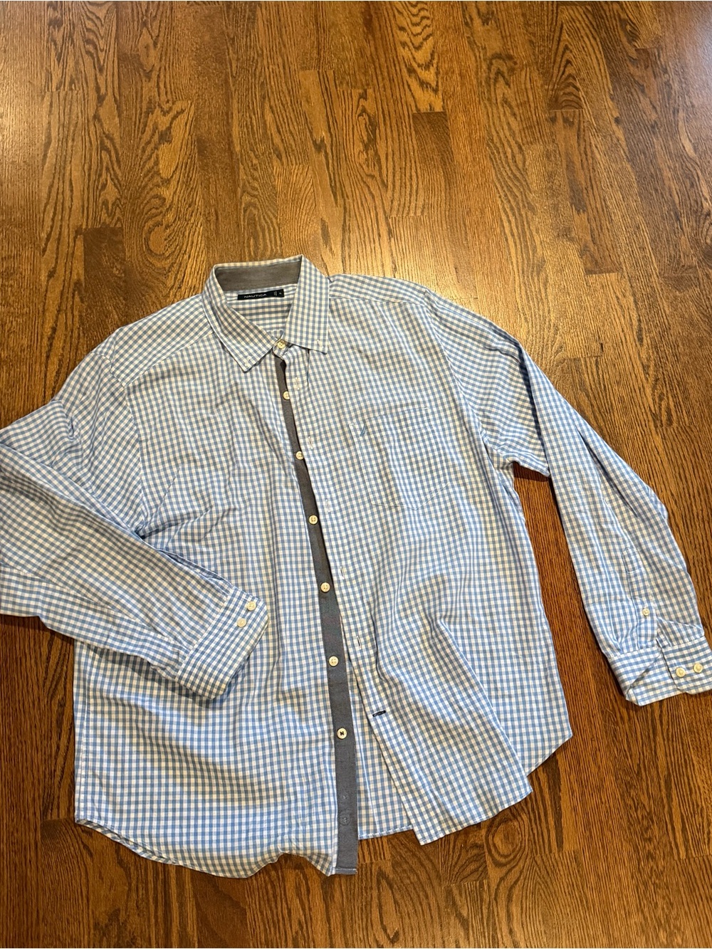 Nautica Blue and White Gingham Button-Down Shirt with Contrast Placket
